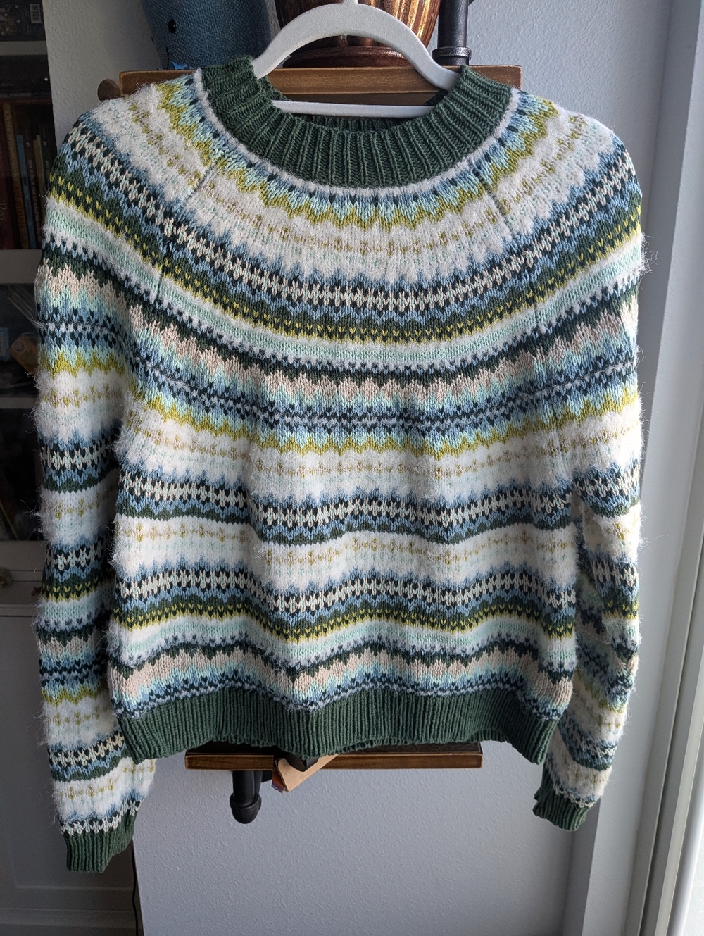 American Eagle Fuzzy Fair Isle Yoke Sweater Mint Sage Green Small 2024